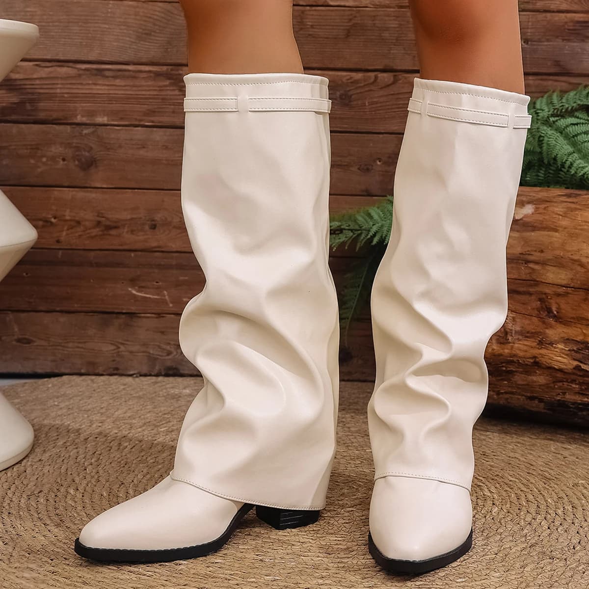 Moda dobrável sobre o joelho botas altas para mulher deslizamento em grosso salto alto botas de tubarão mulher perna larga couro do plutônio longo botas mujer 2025