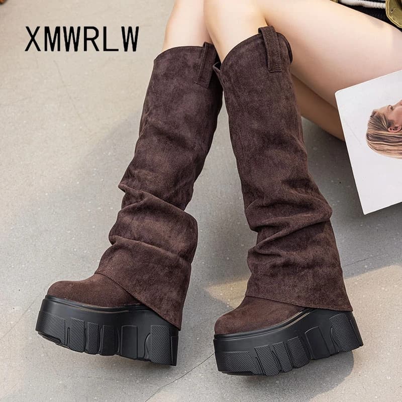 Xmwrlw 2025 outono inverno mulheres joelho botas altas sapatos de plataforma quente de pelúcia botas altas femininas sola de borracha outono inverno bota