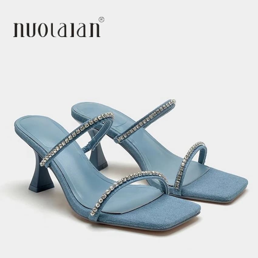 Denim strass saltos sandálias femininas mules 2024 moda salto alto sapatos femininos sexy dedo do pé aberto bombas modernas escritório sandálias casuais