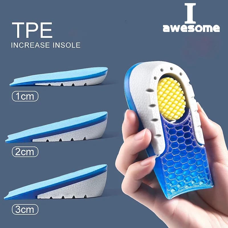 Palmilha aumentada tpe de alta qualidade, aumento de altura, metade de sapatos, almofada, homens, mulheres, gel de silicone, calcanhar crescente invisível, solas de elevação de 1-3cm