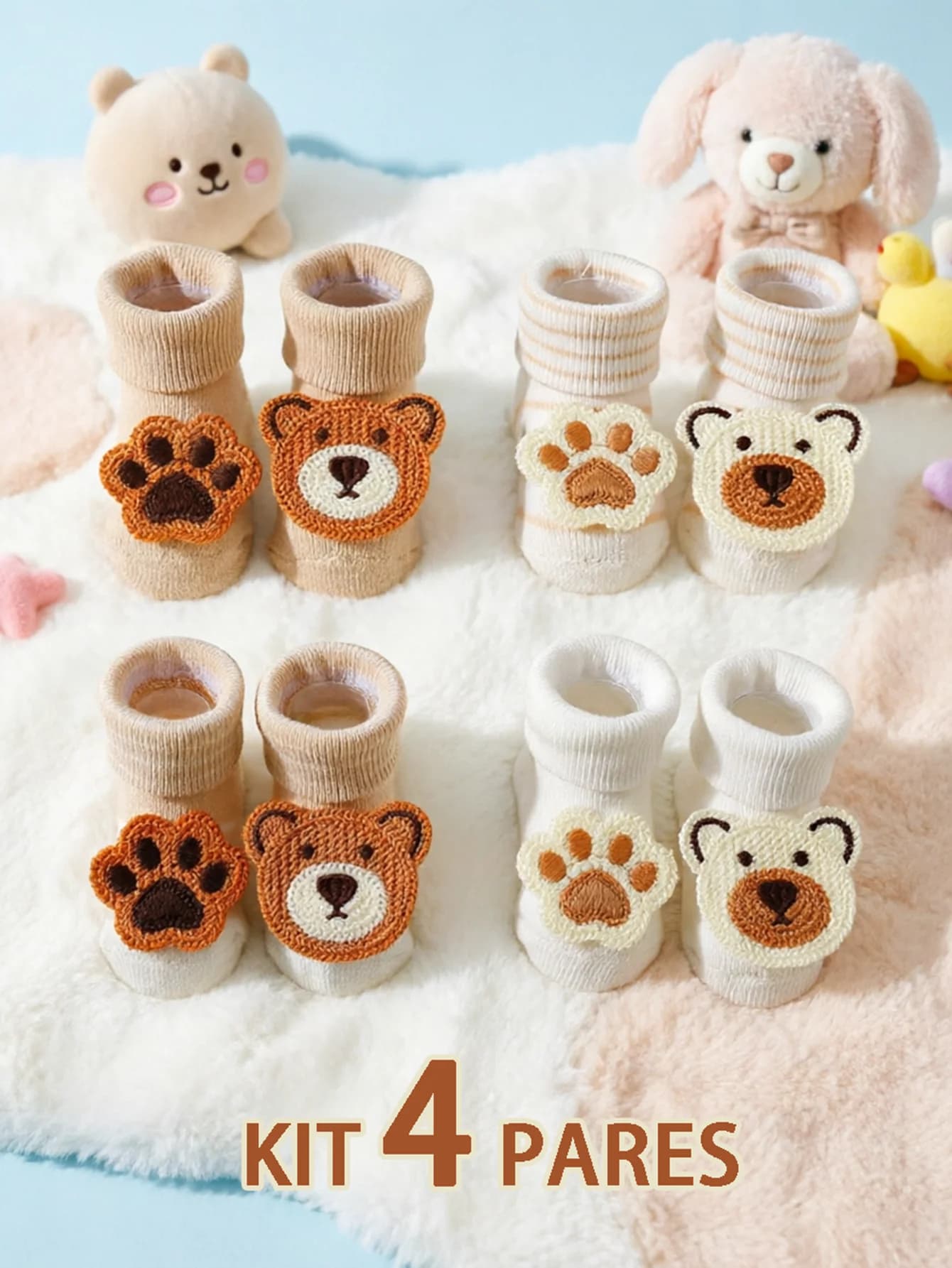4 Pares de Meias Adoráveis para Ursinhos de Desenho Infantil, Meias de Algodão Macio e Antiderrapantes para Bebês de 0 a 12 Meses