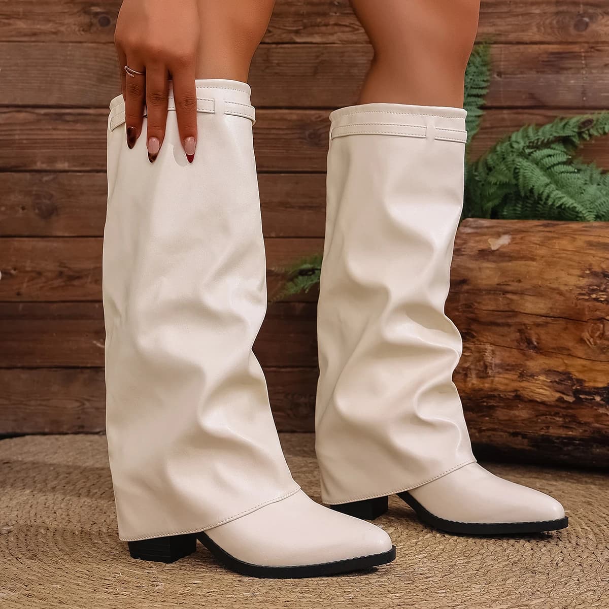 Moda dobrável sobre o joelho botas altas para mulher deslizamento em grosso salto alto botas de tubarão mulher perna larga couro do plutônio longo botas mujer 2025