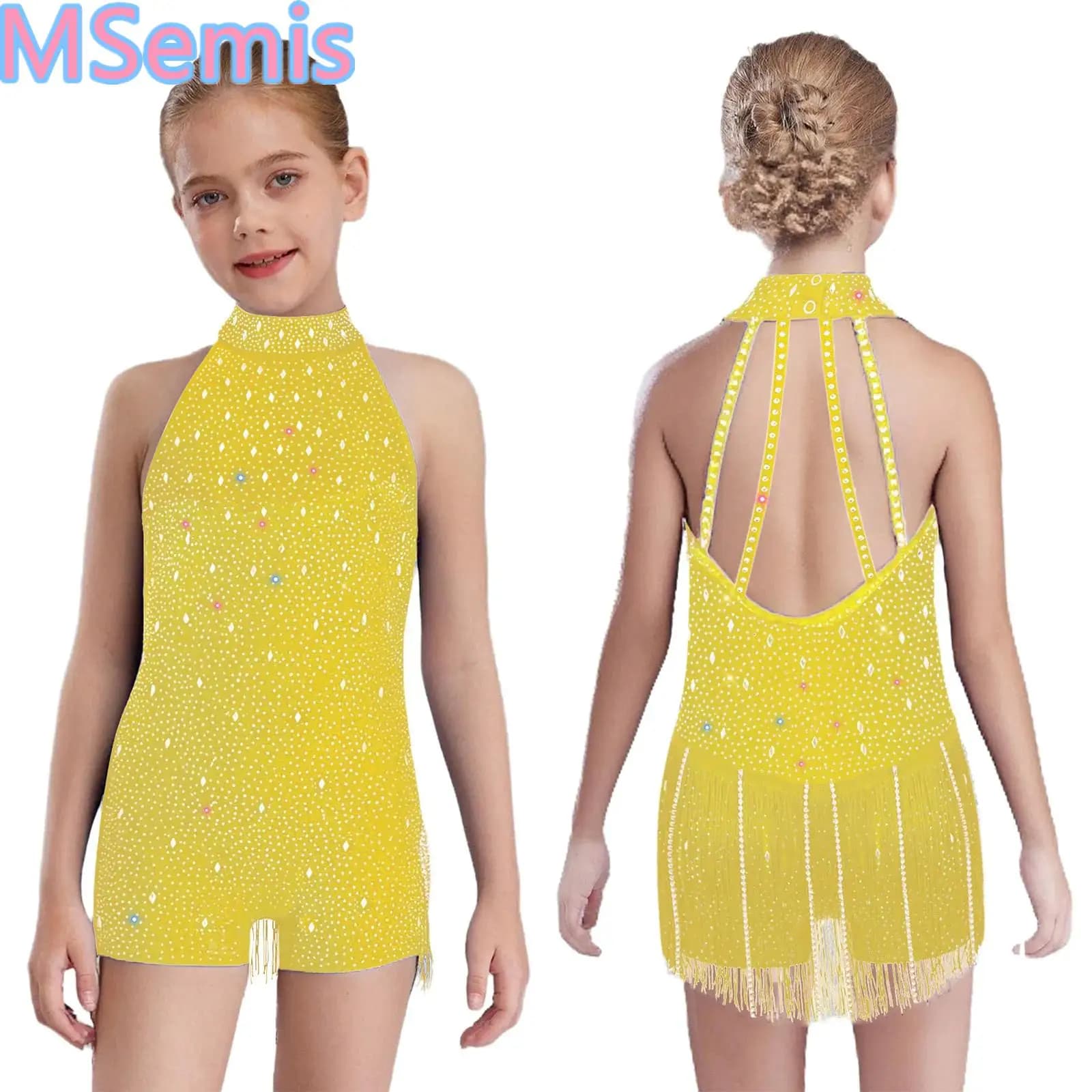 Crianças meninas dança macacão franjas halter sem mangas sem costas brilhante strass bodysuit para competição de desempenho jazz latino