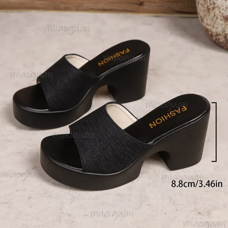 Mule slide sandal preto com salto bloco 8,8cm, bico aberto, estilo casual verão