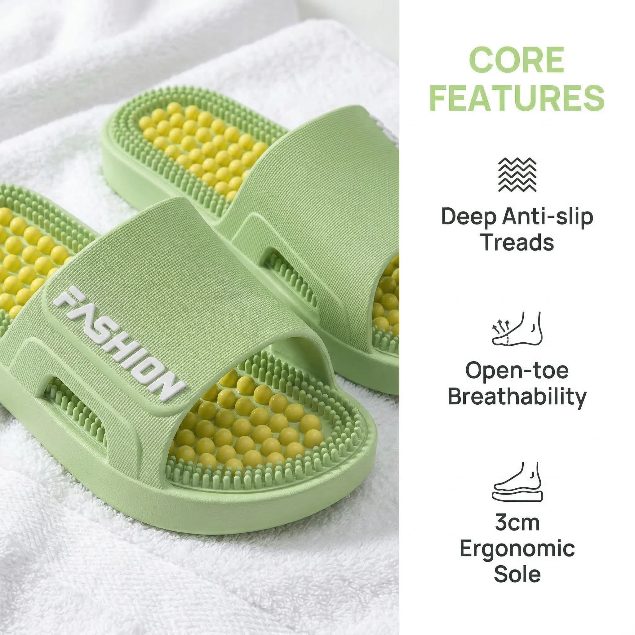 Chinelas verdes com massagem reflexológica, sola antiderrapante e design aberto para respirabilidade