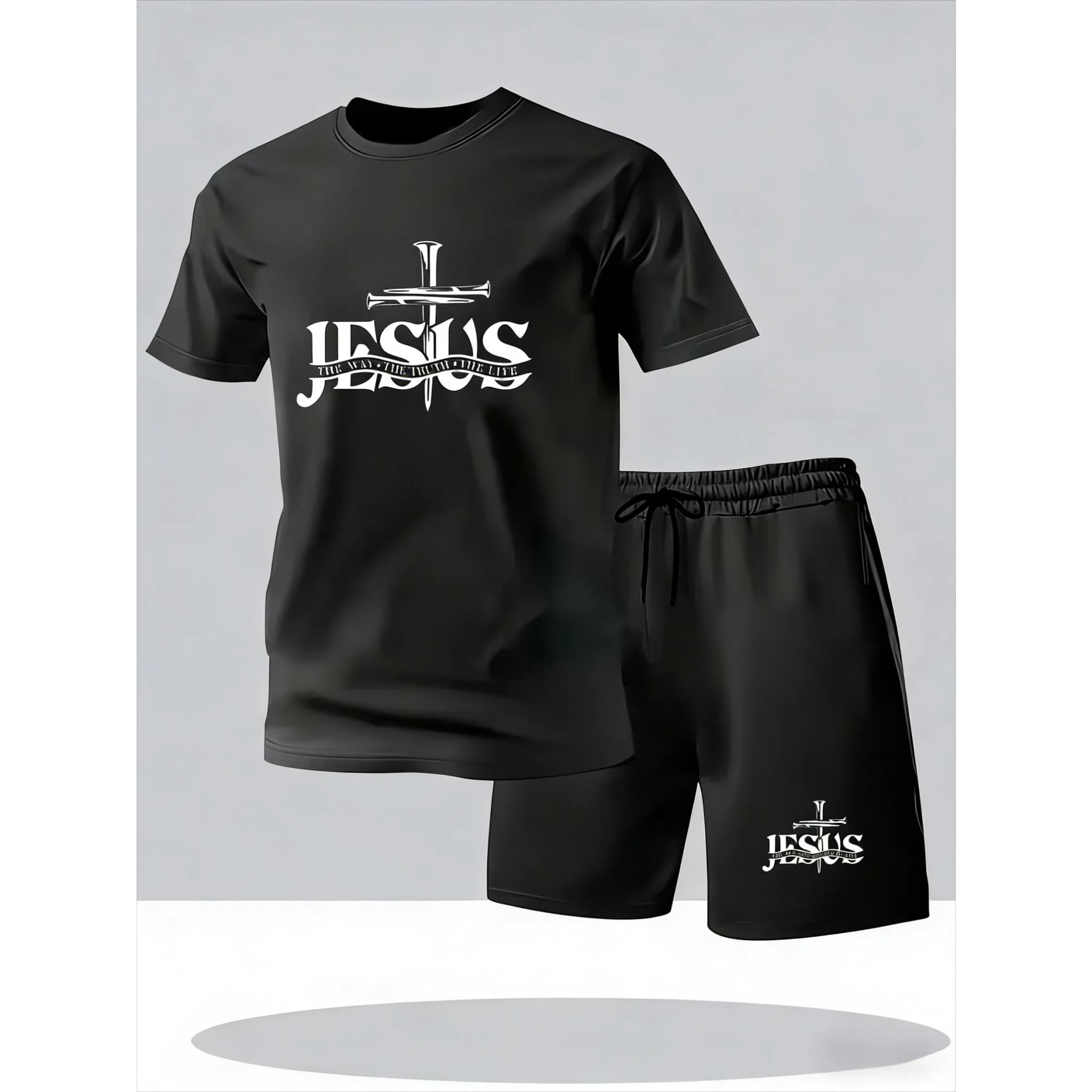 Conjunto de camiseta e shorts masculino em tecido respirável com estampa cruzada, roupa esportiva casual de verão, estilo solto e alongado.