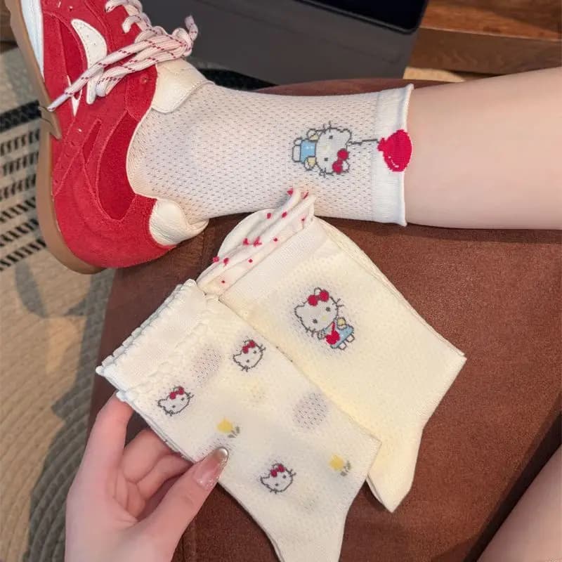 Meias Hello Kitty com Estampa de Anime e Desenho Animado Sanrio Kawaii, Meias de Verão Vazadas Respiráveis e Absorventes de Suor, Presente de Feriado para Meninas