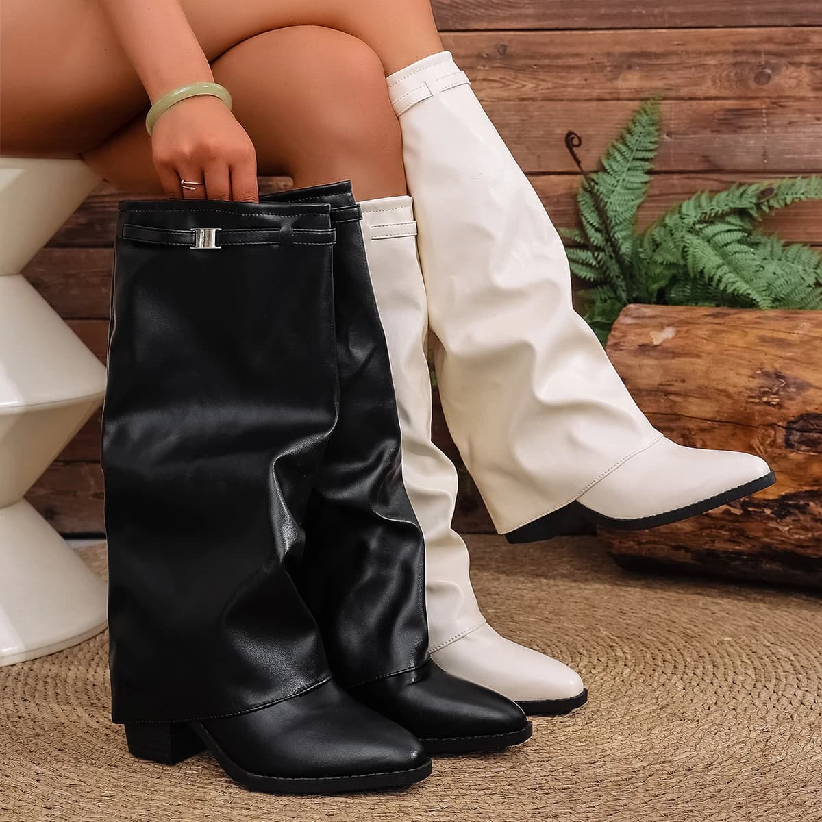 Moda dobrável sobre o joelho botas altas para mulher deslizamento em grosso salto alto botas de tubarão mulher perna larga couro do plutônio longo botas mujer 2025