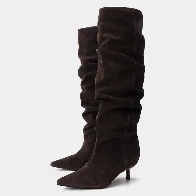Botas Femininas Eilyken de Inverno Plissadas até o Joelho, Retrô com Bico Fino e Salto Gatinho, Confortáveis e Leves, Botas Designer para Mulheres