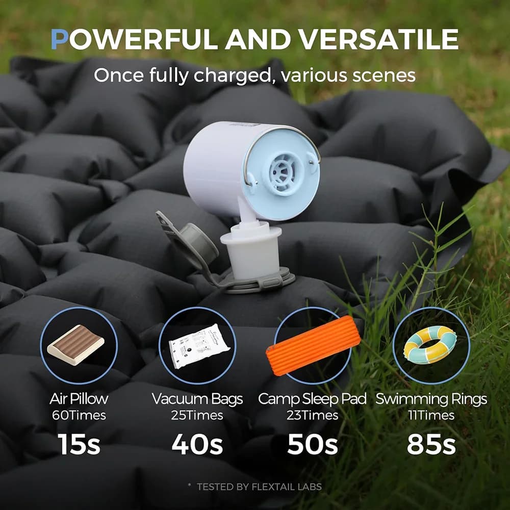 Bomba de ar portátil FLEXTAIL, mini bomba de acampamento com luz, carregamento USB-C, ideal para almofadas de dormir, colchão de cama de ar, sacos de vácuo