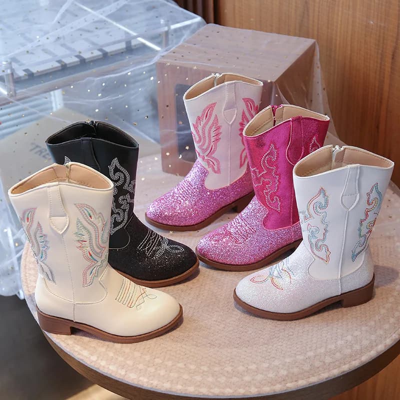 Meninas botas da criança engrenagem de neve meados de bezerro glitter ocidental cowboy bota 2025 outono grande criança equitação meninas botas tamanho 27-36 crianças sapatos