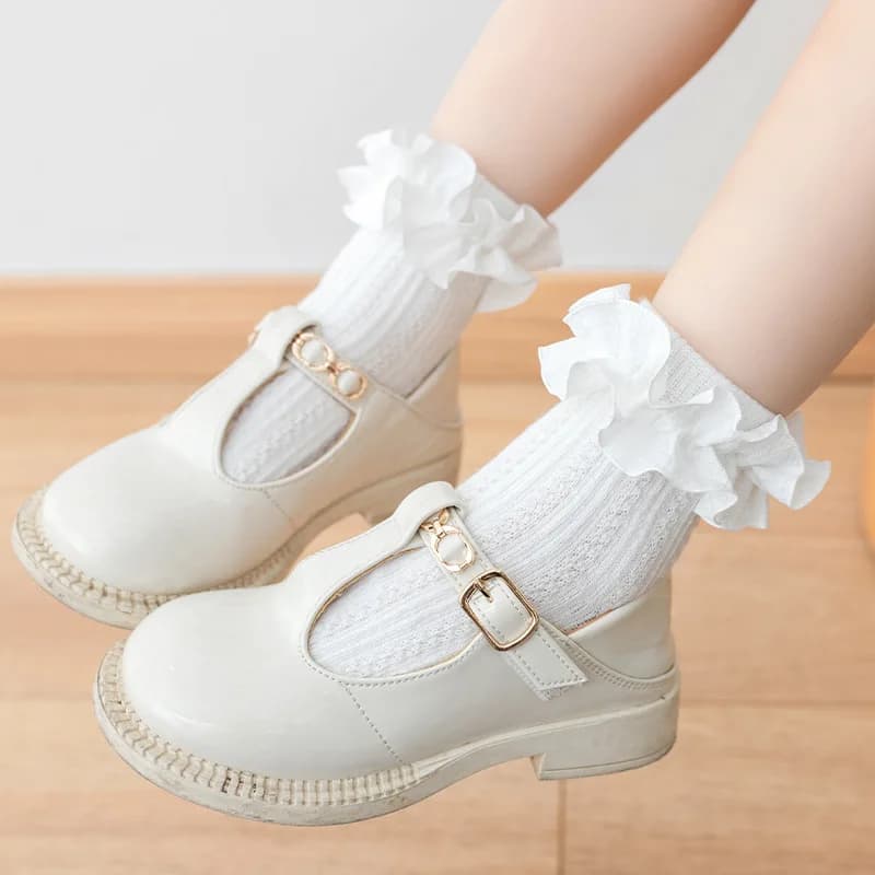 Meias de algodão infantil com babados, meias de malha respirável, meia curta para bebês, crianças, criança dançando, branco, rosa, roxo