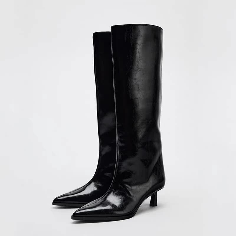 Marca designer outono novo clássico preto sexy apontou meados de bezerro botas diário escritório em casa compras botas altas de um passo botas mujer