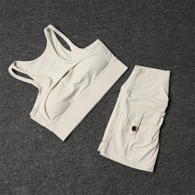 Calções de fitness conjuntos de yoga agasalho feminino cintura alta sutiã esportivo leggings de treino ciclismo ginásio shorts terno esportivo com bolso