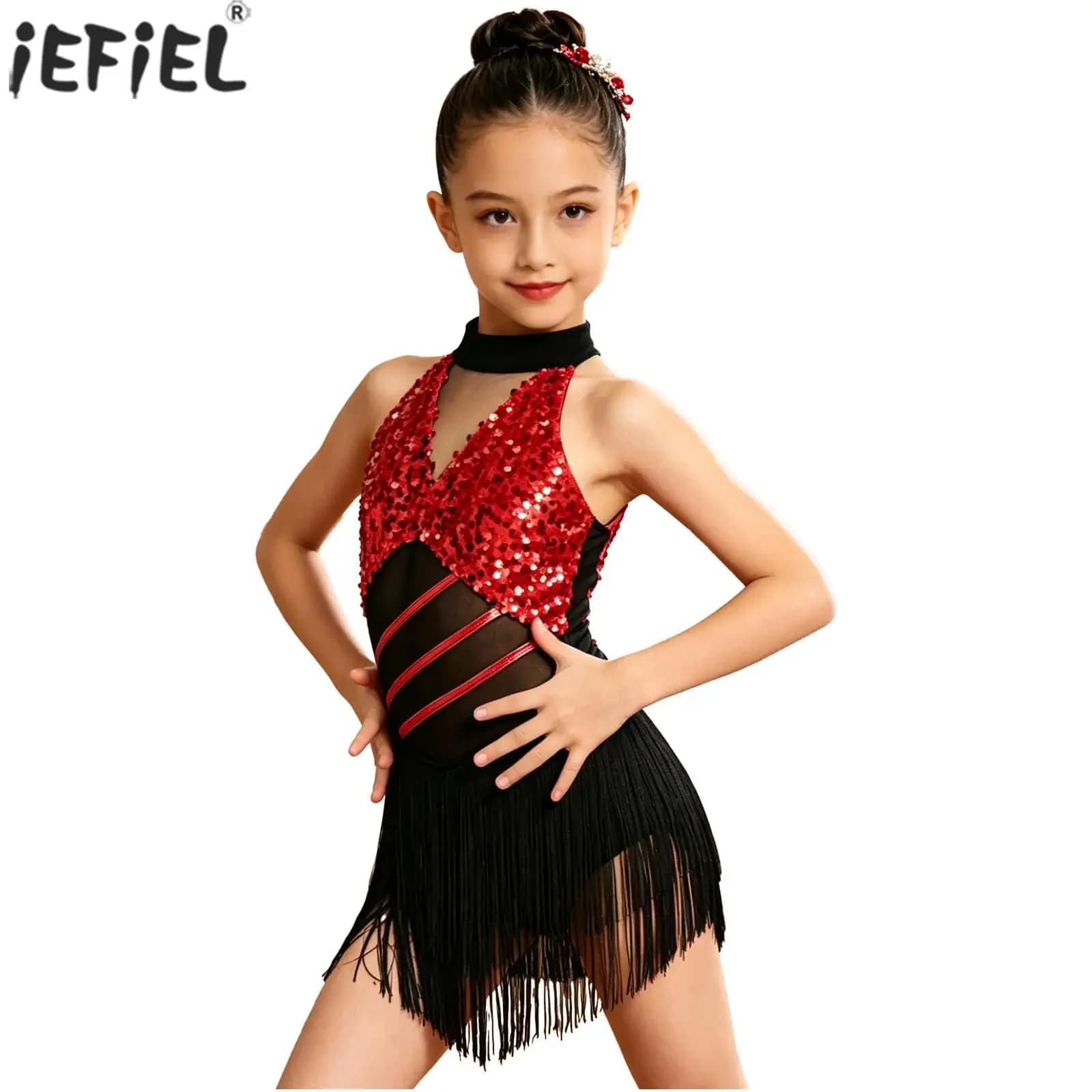 Fantasia de Dança Latina para Meninas, Cha-cha Salsa, com Lantejoulas Brilhantes, Halter, Sem Mangas, Franjas de Malha, Leotardo para Jazz, Tango, Samba, Rumba