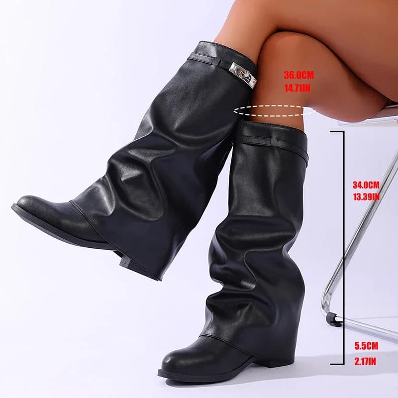 Marca de design preto couro do plutônio joelho botas altas mulheres deslizamento na altura aumentar botas longas mulher moda plus size 42 perna larga botas