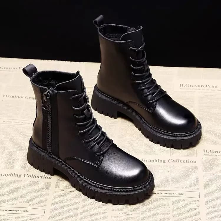 Outono novas botas de comprimento médio preto anti deslizamento na moda calçados moda rendas botas senhoras sapatos casuais de salto grosso botas zapatos