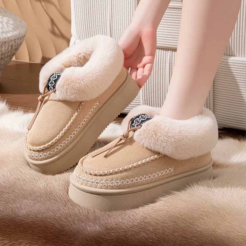 Chinelo plataforma feminino bege Inverno Furry Slides com pelúcia falsa e acabamento bordado