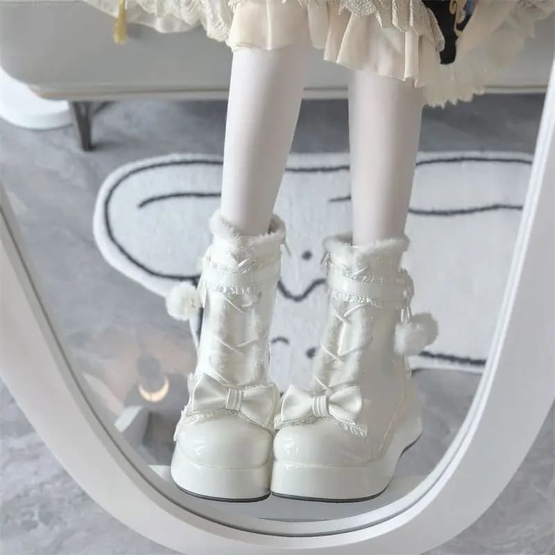Doce inverno botas femininas arco sapatos peludos para mulher bonito couro meninas lolita botas de neve cunha aumentando botas quentes botas mujer