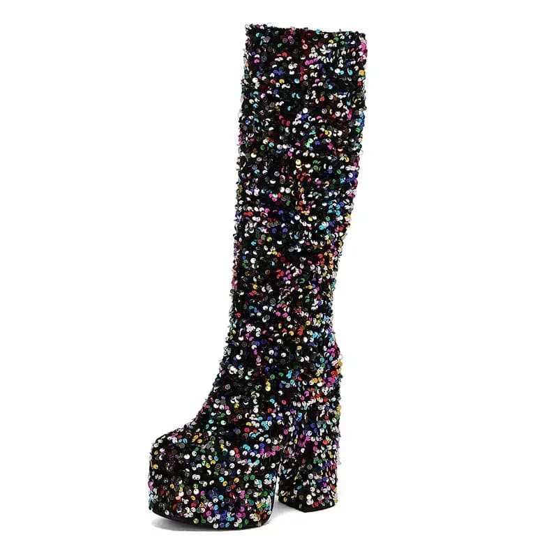 Simloveyo salto grosso 14cm plataforma colina glitter deslizamento em 45 46 47 clube bota festa joelho botas altas dedo do pé redondo casual legal feminino