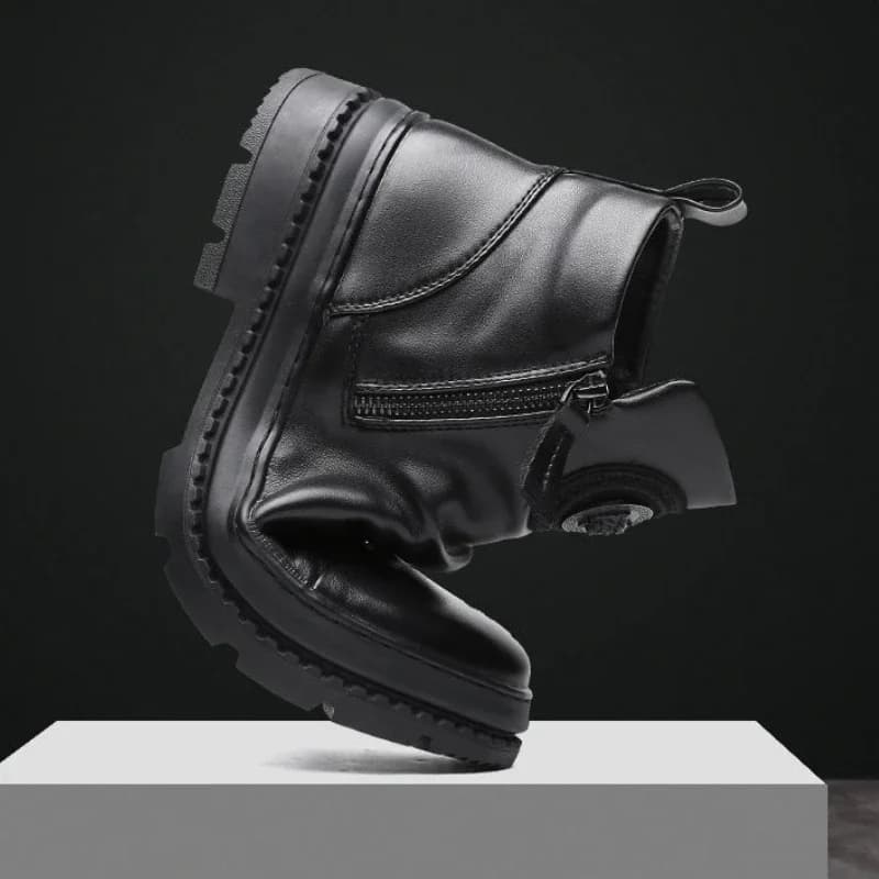 Botas de couro da motocicleta dos homens estilo britânico cabeça redonda sapatos altos zíper lateral andando botas plataforma casual bota masculina