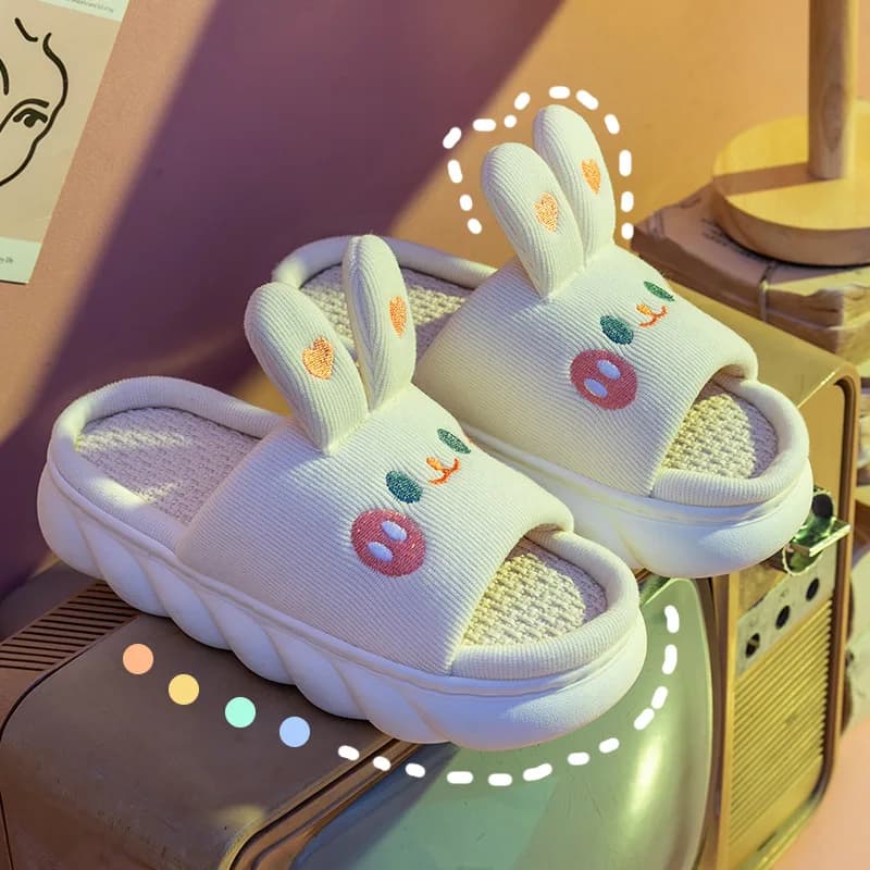 Casa chinelo de linho para mulheres bonito coelho nuvens flip flops design feminino sapatos aconchegantes slides quatro temporada plataforma casais sandálias