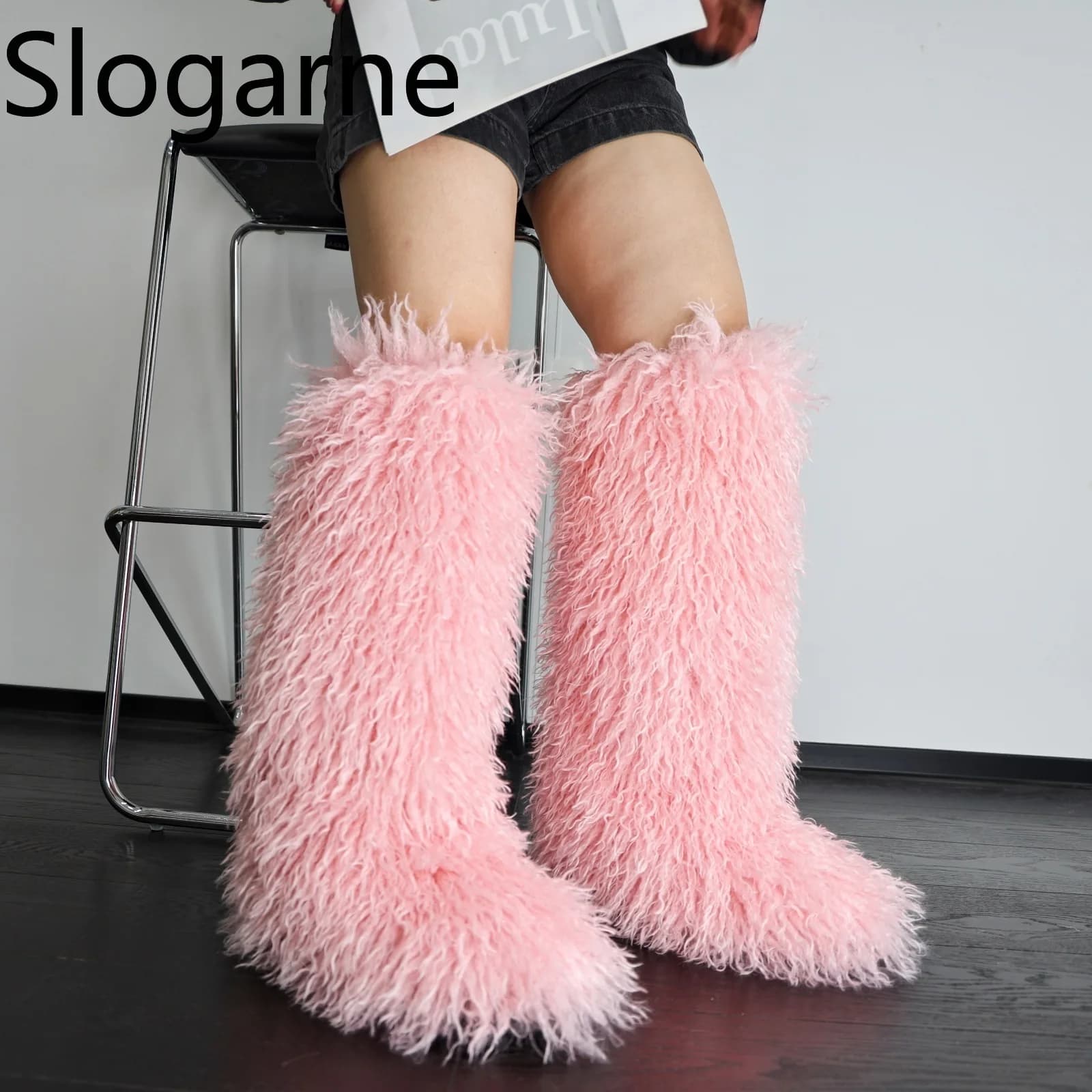 Luxo inverno pele do falso joelho botas altas mulheres lã tubo alto pele botas de neve fofo falso pele mongol sapatos plataforma meninas botas
