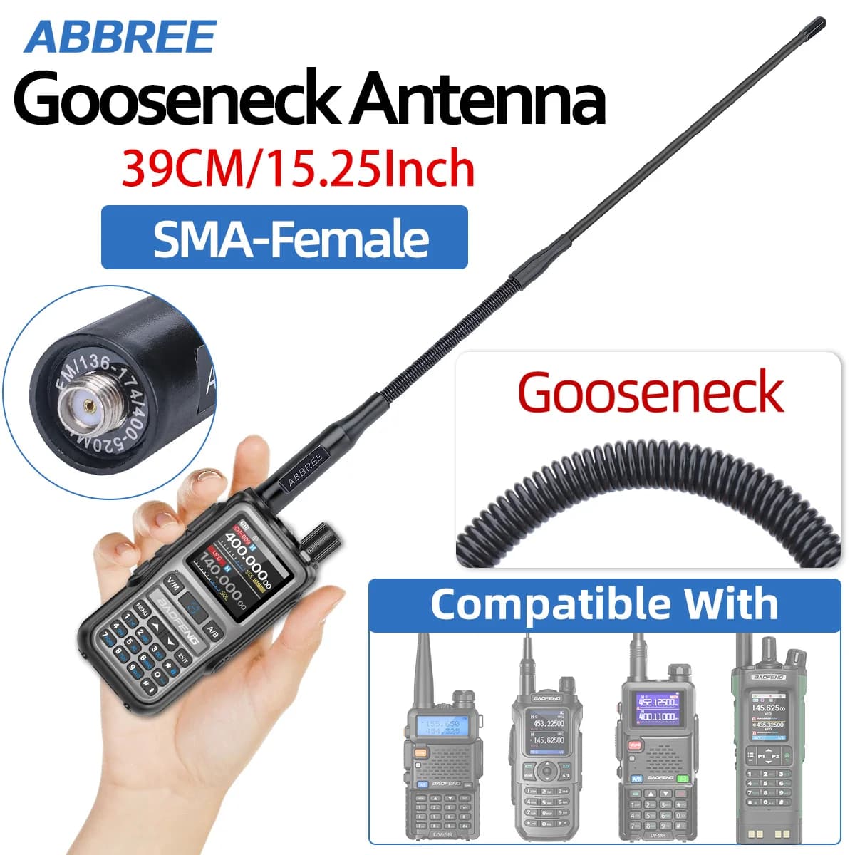 Abbree AR-166 gooseneck walkie talkie antena sma-fêmea banda dupla uhf vhf para baofeng UV-5R mini uv21 quansheng UV-K1 rádio presunto
