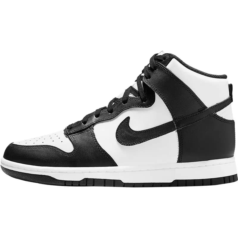 Tênis Nike Dunk High feminino casual preto e branco em couro com logo lateral