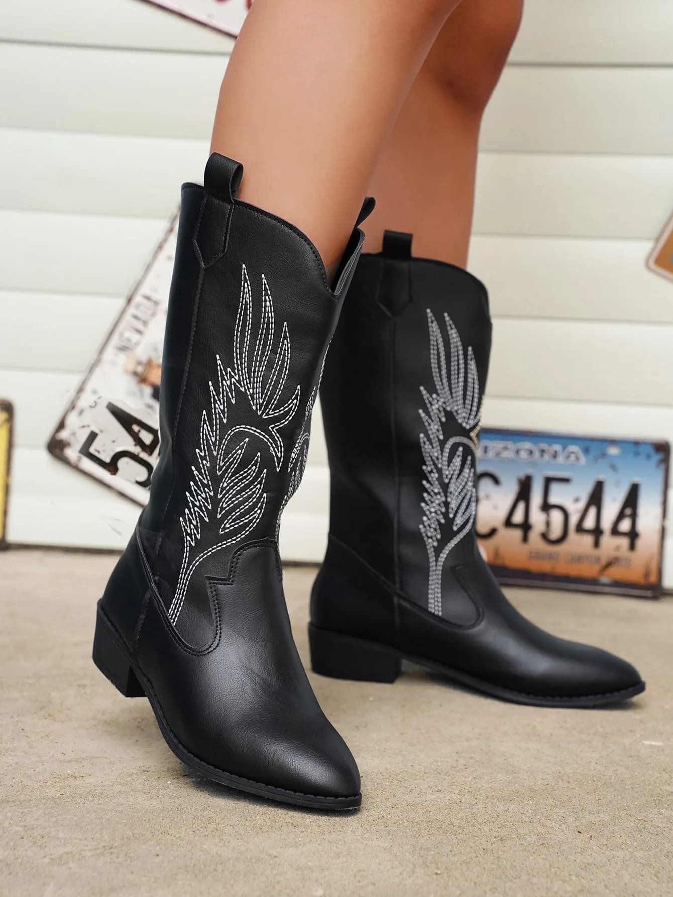 Botas femininas no meio da panturrilha, bota de vaqueiro ocidental pontiagudos prateados, preto e dourado, plus size 36-43, moda retrô