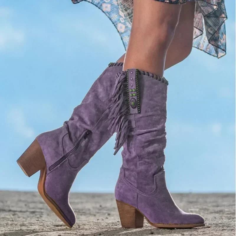 Mulheres botas altas tendência retro fivela de metal apontou dedo do pé salto grosso borla ocidental botas de cowboy sapatos femininos botas de mujer 2024