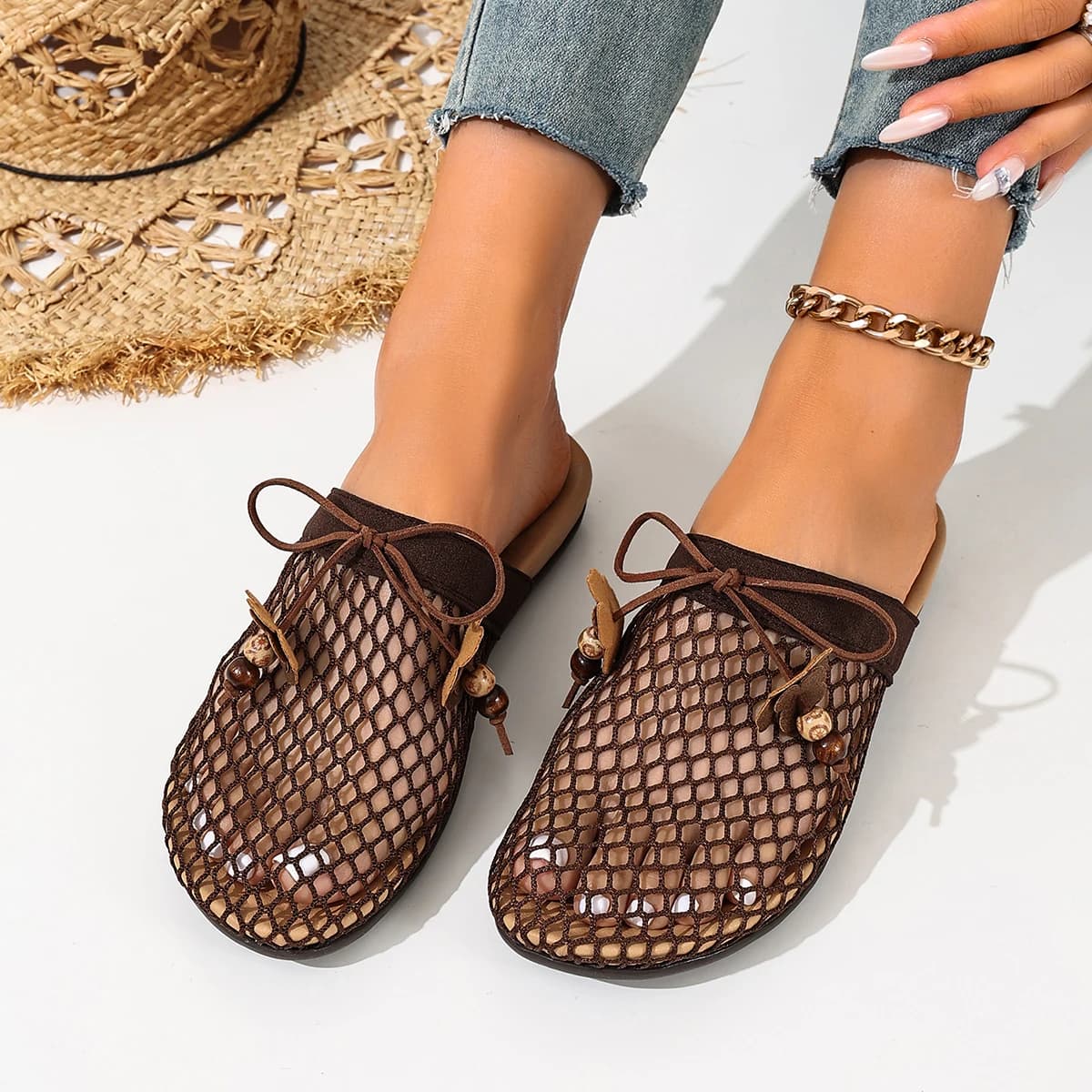 Sandálias de dedo trançadas marrom para mulheres, verão, respiráveis, sapatos mule, uso ao ar livre