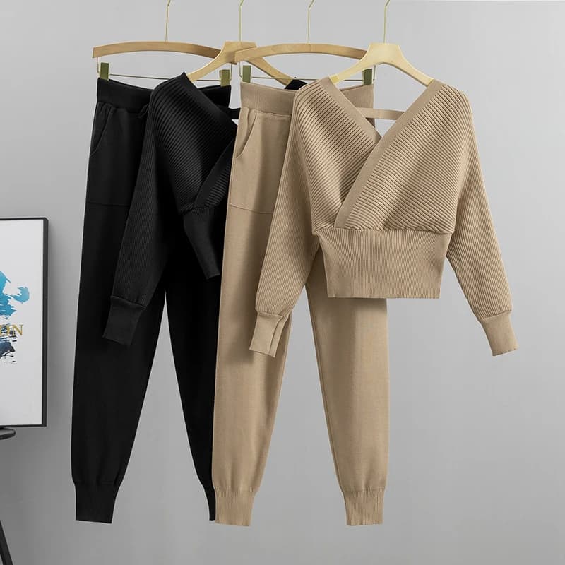 Elegante agasalho sexy conjunto de duas peças feminino estilo coreano com nervuras de malha sem encosto superior e longo harem pant terno outono outfits y2k Fato desportivo de lazer de moda feminina conjuntos de calças