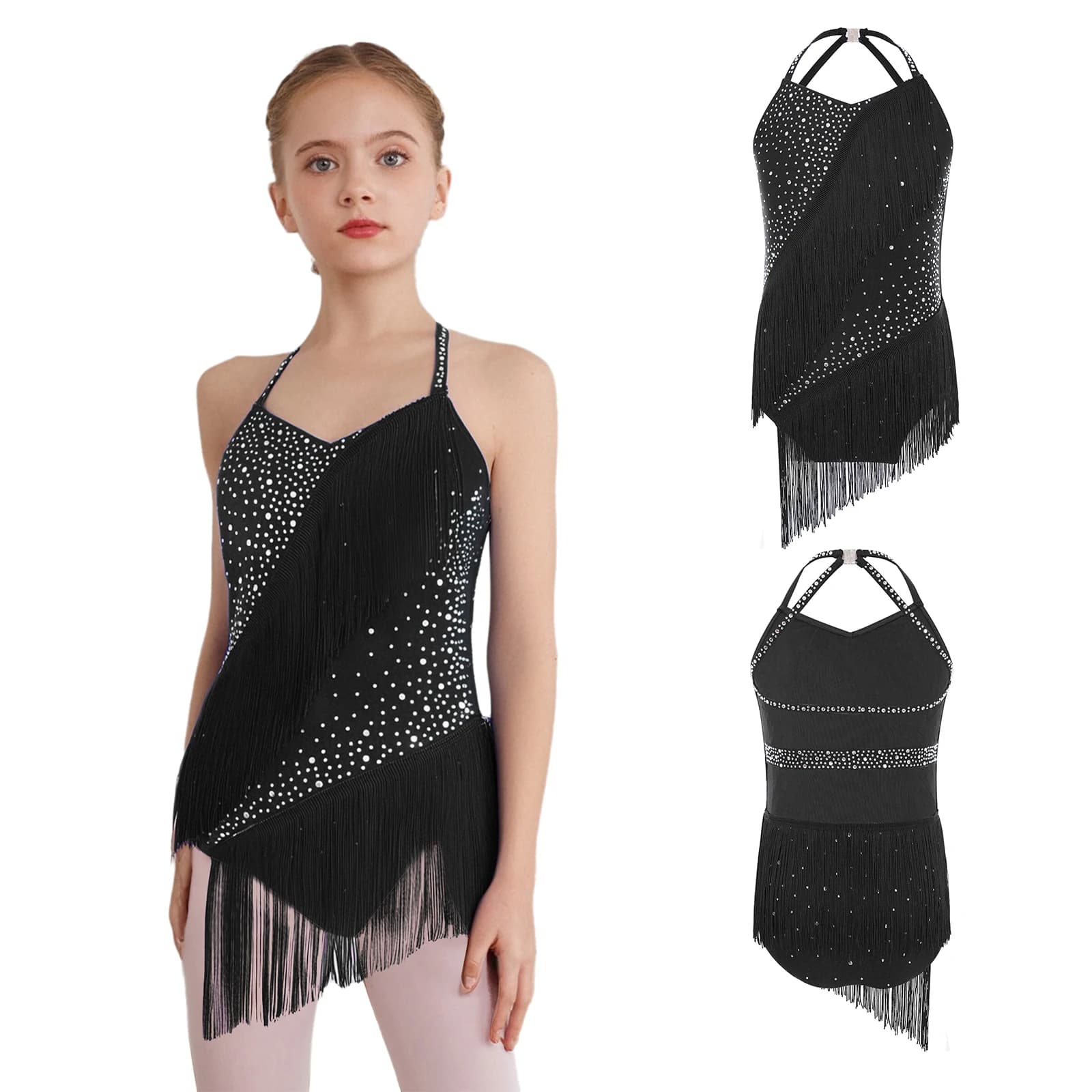 Crianças meninas dança latina collant sem mangas halter com decote em v sem costas strass borlas bodysuit para desempenho de patinação artística no gelo