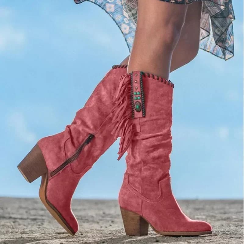Mulheres botas altas tendência retro fivela de metal apontou dedo do pé salto grosso borla ocidental botas de cowboy sapatos femininos botas de mujer 2024