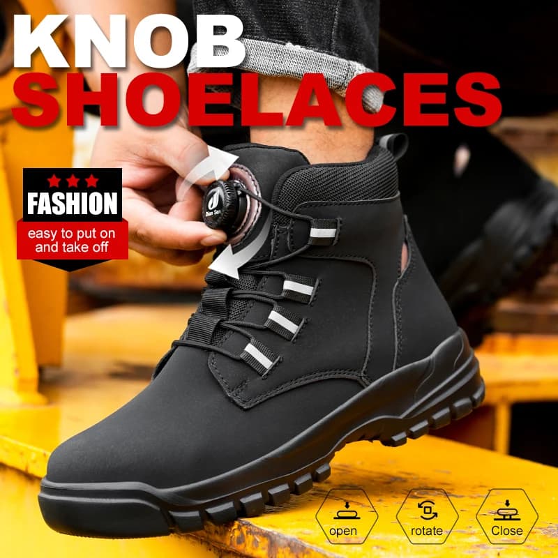 Botas de trabalho masculinas à prova d'água, segurança, biqueira de aço, sapatos indestrutíveis, palmilhas anti-esmagamento, botão rotativo, botas industriais