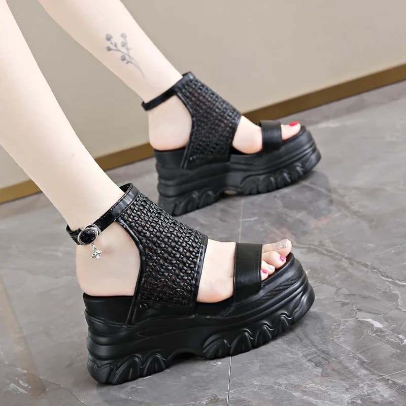 9.5cm mulheres sandálias de verão dedo do pé aberto tecido plataforma cunha tênis chinelos 2025 sapatos casuais praia sandálias das mulheres