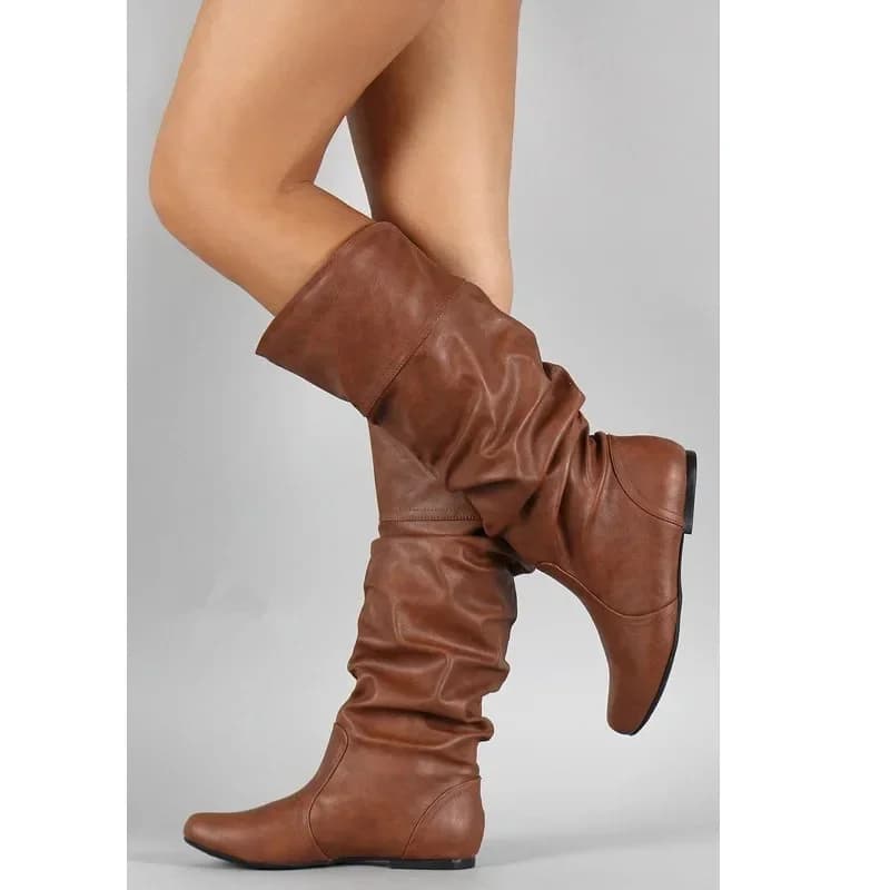 Botas de couro femininas moda plissado cunha botas longas dedo do pé redondo outono inverno sólido deslizamento em sapatos senhoras bota alta botas de mujer