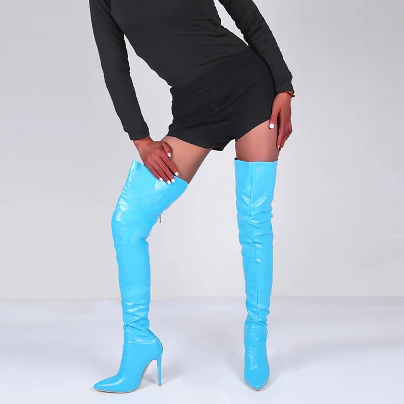 PU sobre o joelho botas para mulheres, sexy botas longas, salto alto fino, sapatos de plataforma para senhoras, novo