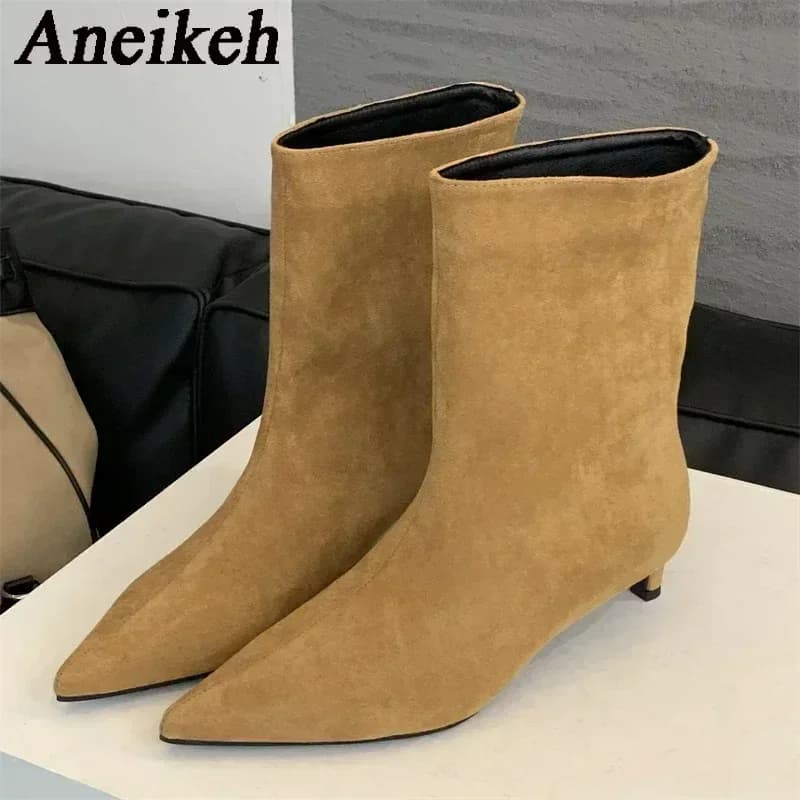 Aneikeh tamanho grande 41 42 moda inverno camurça falsa apontou botas curtas botas de salto baixo deslizamento em sapatos de festa botas zapatos de mujer