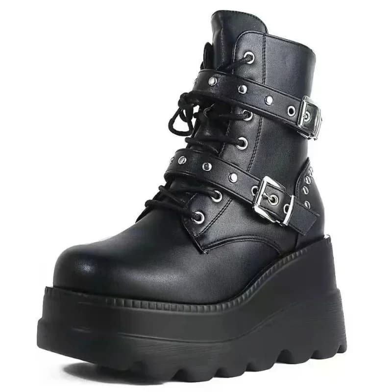 Novas botas de tornozelo de couro do plutônio das mulheres outono inverno dedo do pé redondo rendas até sapatos mulher plataforma da motocicleta botas sapatos góticos