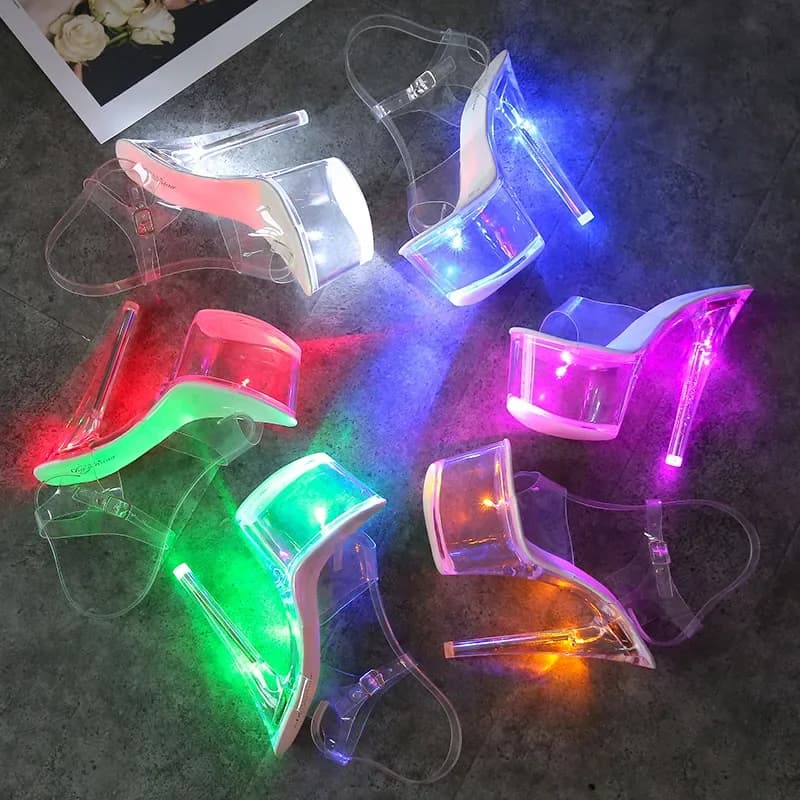 17cm mclubgirl 34-43 novos saltos boate sapatos de salto alto sandálias luminosas sapatos passarela pólo sapatos de dança fundo de cristal lfd