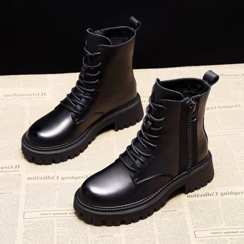 Outono novas botas de comprimento médio preto anti deslizamento na moda calçados moda rendas botas senhoras sapatos casuais de salto grosso botas zapatos