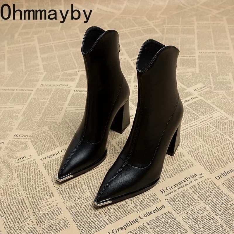 Botas de tornozelo femininas de dedo apontado moda zíperes traseiros botas curtas senhoras elegante quadrado salto alto calçados femininos de inverno