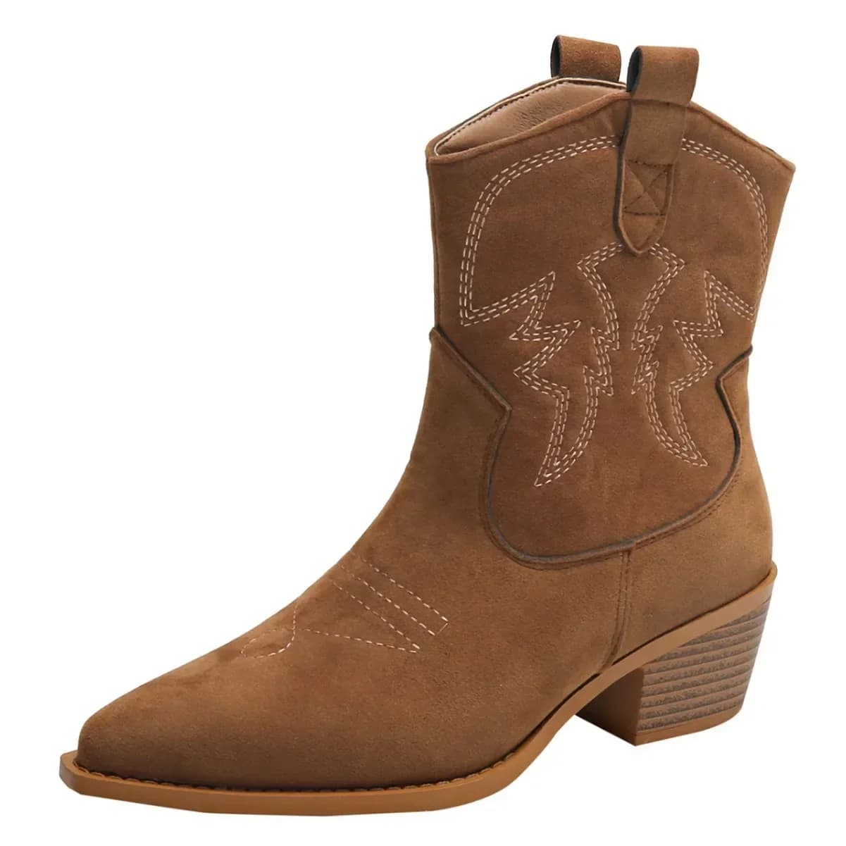 Novo bordado apontou toe sapatos de salto grosso botas cavaleiro retro deslizamento em botas curtas cowboy ocidental botas de mujer 2025