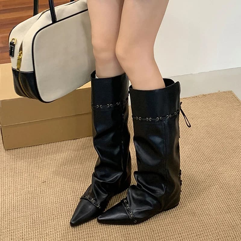 Liyke design de moda cordão rendas até joelho botas altas mulheres vintage apontou toe dentro da altura crescente sapato longo botas mujer