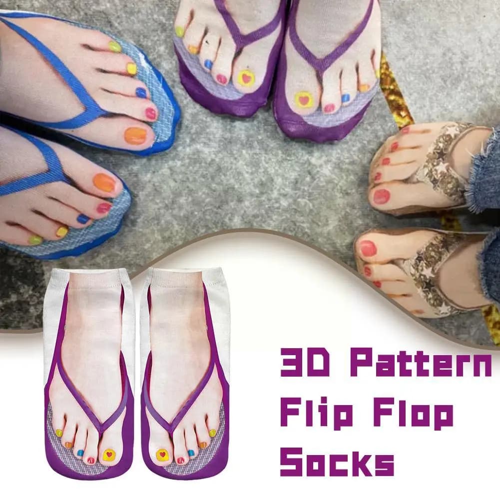 Impressão 3D Padrão Flip Flop Meias para Mulheres, Meias Engraçadas, Meias Tornozelo, Low Cut, Floor Meias, Novidade Presentes, 1 Par