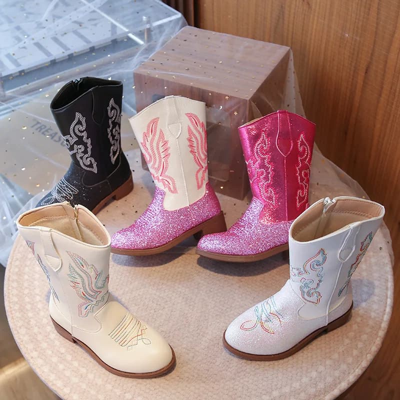 Meninas botas da criança engrenagem de neve meados de bezerro glitter ocidental cowboy bota 2025 outono grande criança equitação meninas botas tamanho 27-36 crianças sapatos
