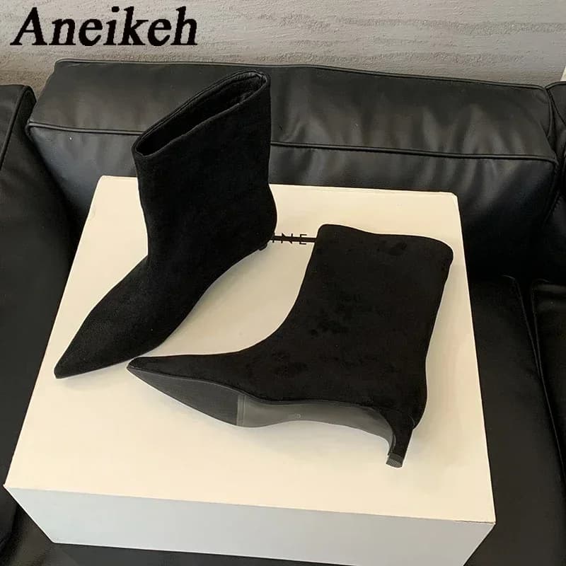 Aneikeh tamanho grande 41 42 moda inverno camurça falsa apontou botas curtas botas de salto baixo deslizamento em sapatos de festa botas zapatos de mujer