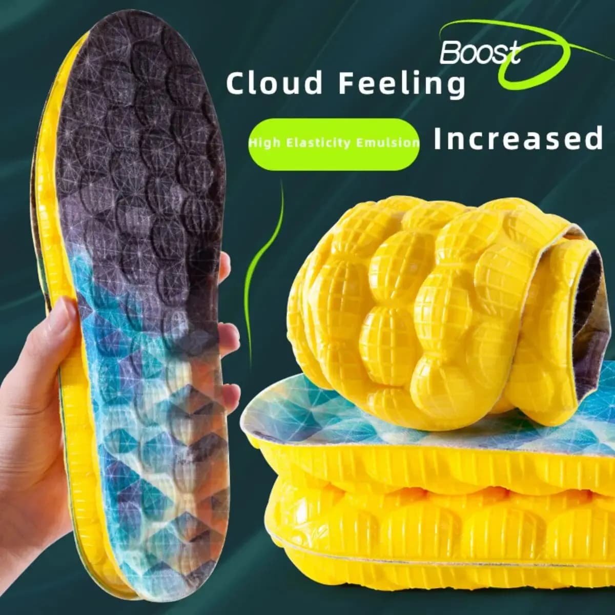 Palmilha Desodorante Esportiva 4D Cloud Technology High Elasticity para Sapatos, Sola PU Amarela, Respiração para Pés Masculinos, Palmilha de Corrida, 1 Par